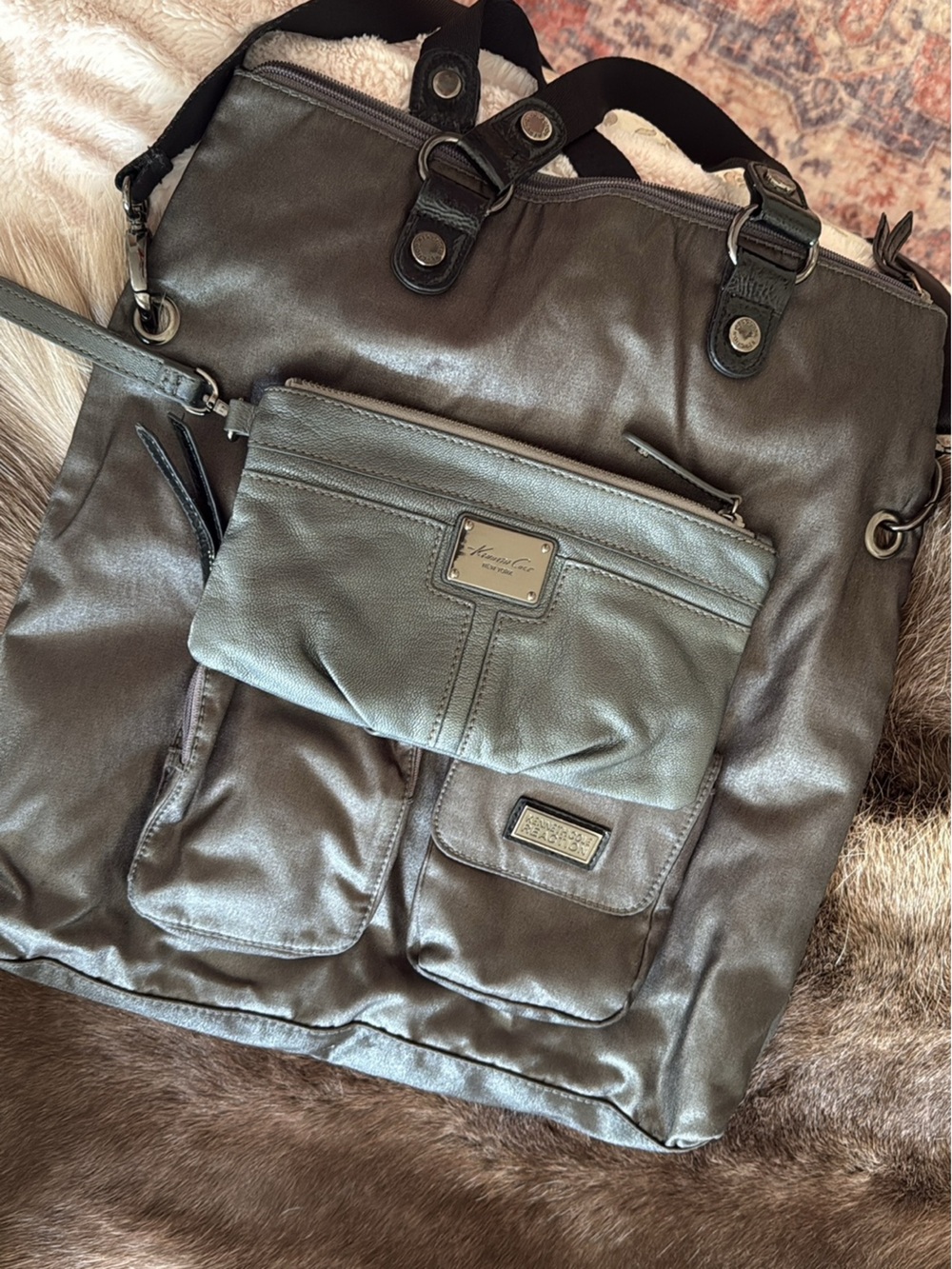 Kenneth Cole Reaction crossbody bag metallic silver and a clutch